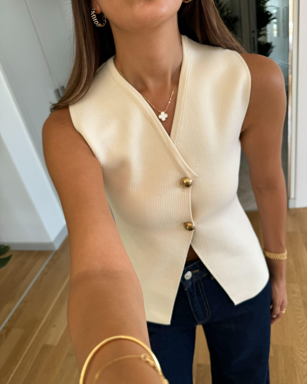 Ribbed Knit Wrap Waistcoat with Gold Tone Buttons