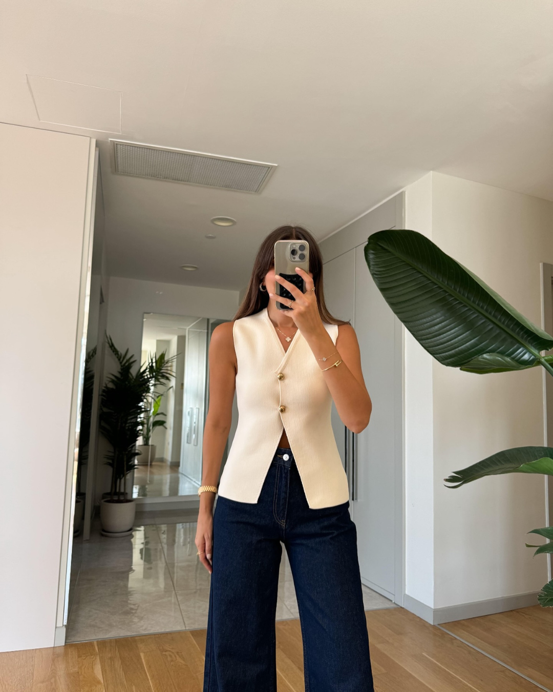 Ribbed Knit Wrap Waistcoat with Gold Tone Buttons