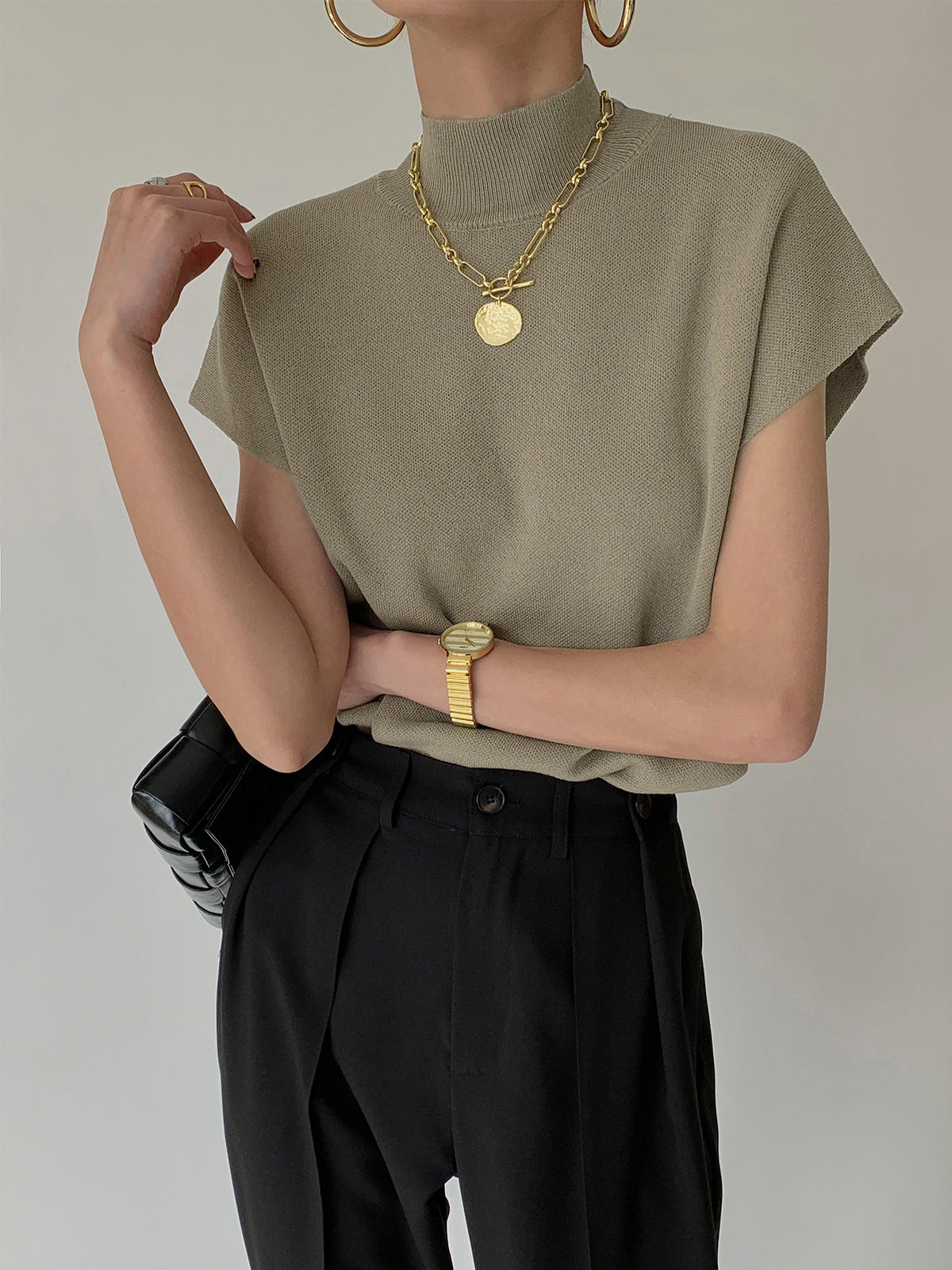Mock Neck Sleeveless Knit Vest in Solid Colours