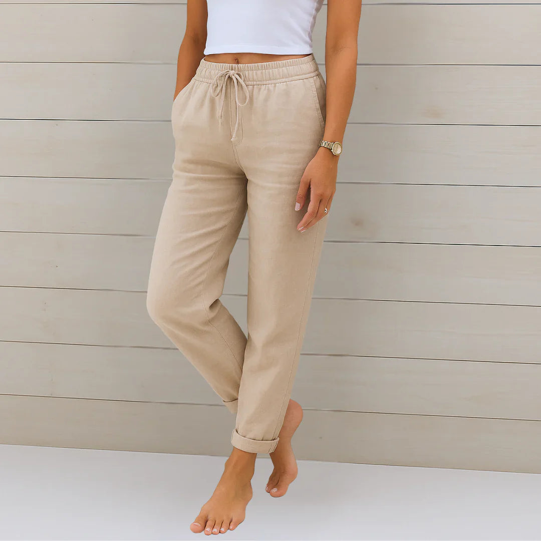 Straight Leg Linen Trousers with Elastic Drawstring Waist