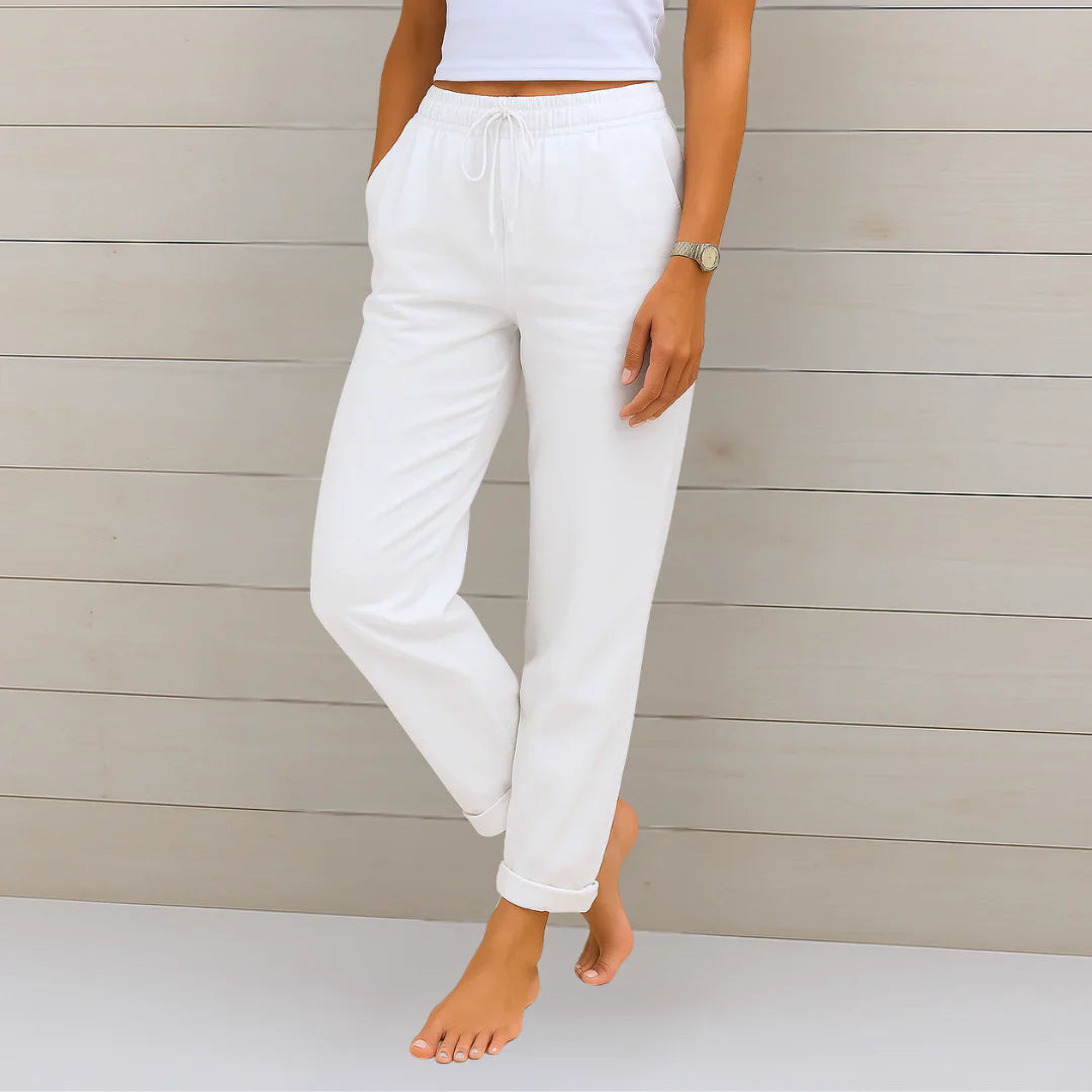 Straight Leg Linen Trousers with Elastic Drawstring Waist