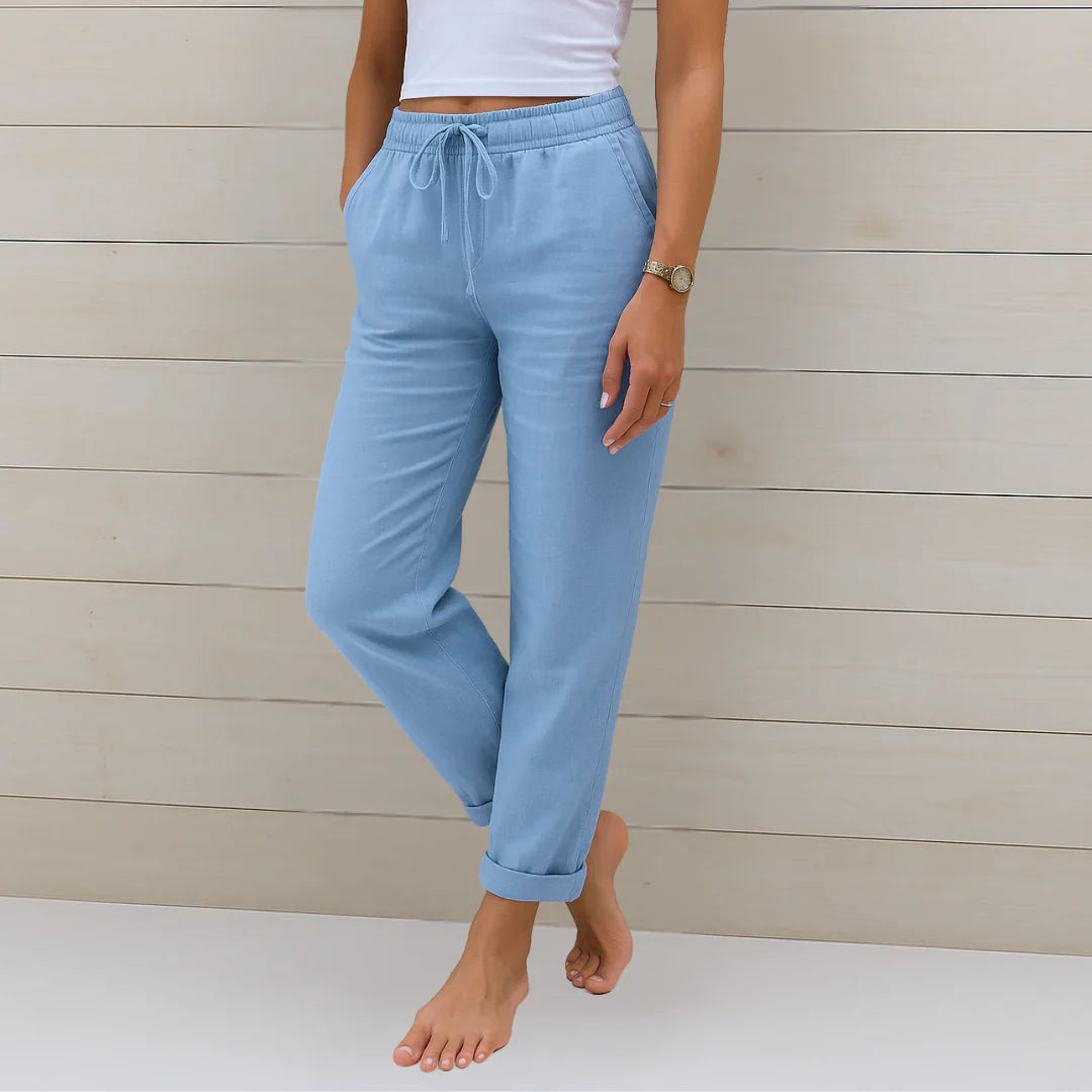 Straight Leg Linen Trousers with Elastic Drawstring Waist