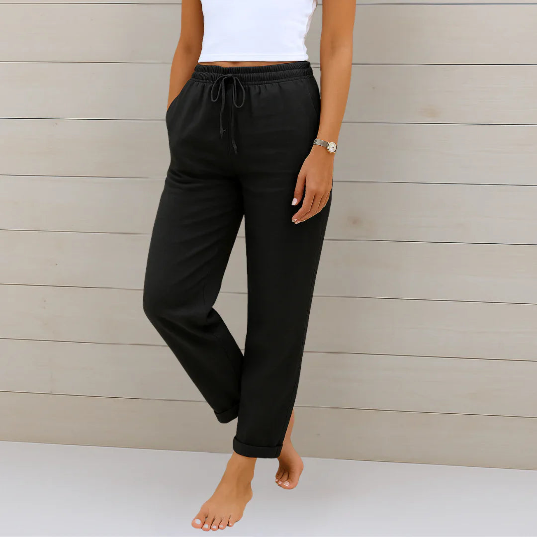 Straight Leg Linen Trousers with Elastic Drawstring Waist