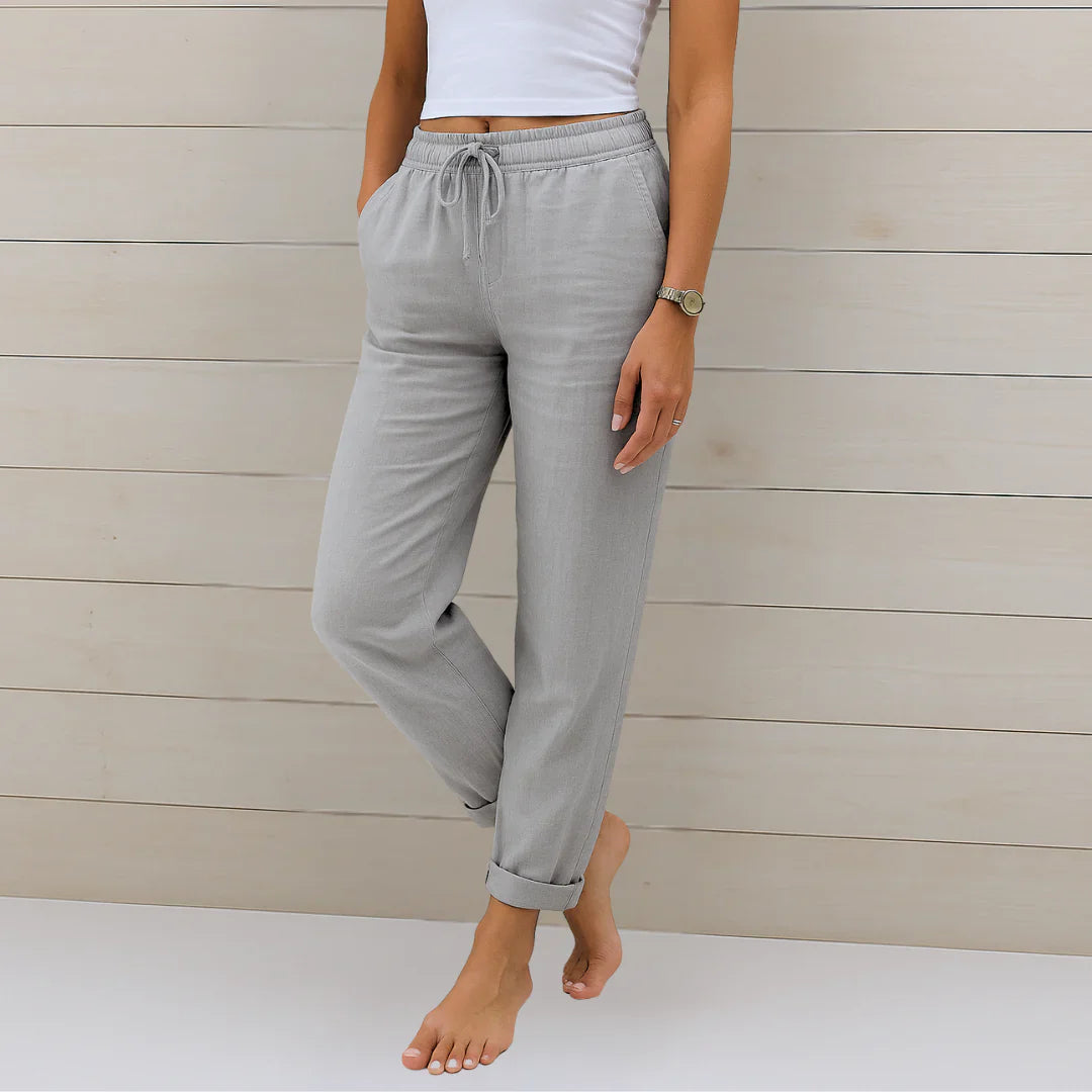 Straight Leg Linen Trousers with Elastic Drawstring Waist