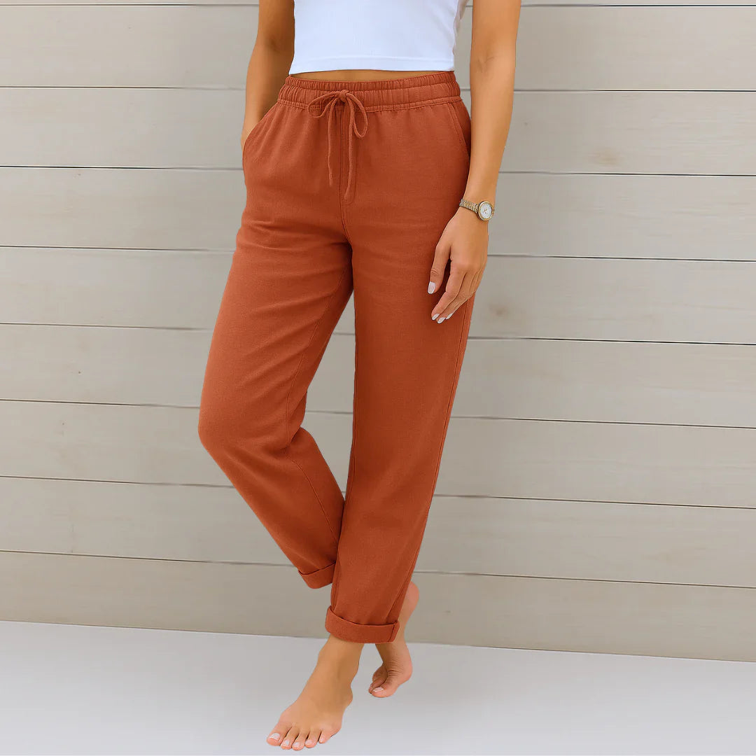 Straight Leg Linen Trousers with Elastic Drawstring Waist