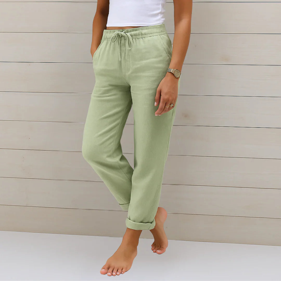Straight Leg Linen Trousers with Elastic Drawstring Waist