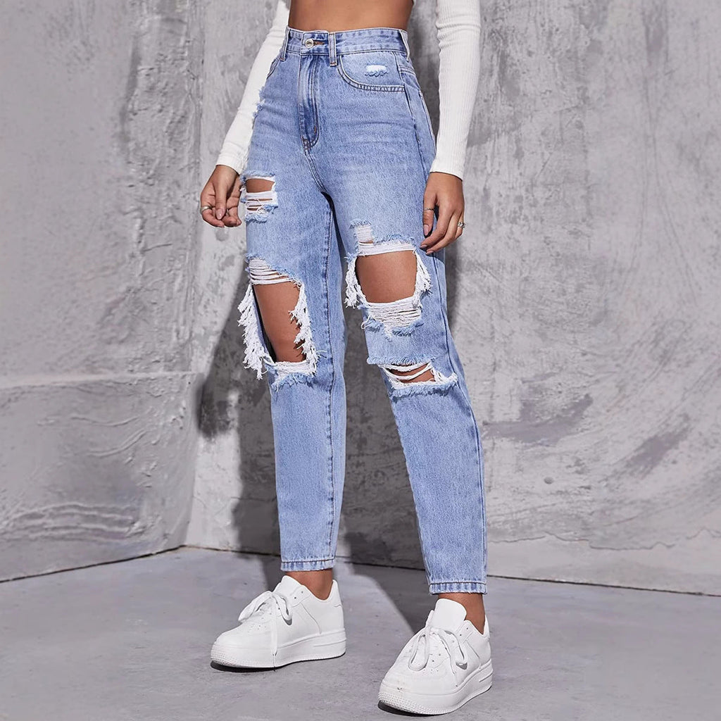 High Rise Straight Leg Jeans with Distressed Detailing