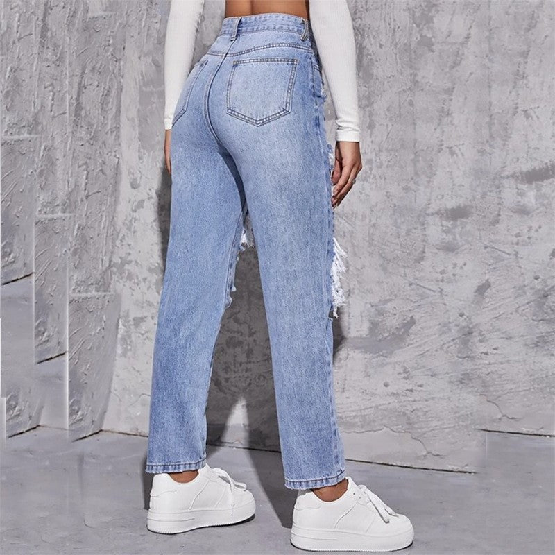 High Rise Straight Leg Jeans with Distressed Detailing