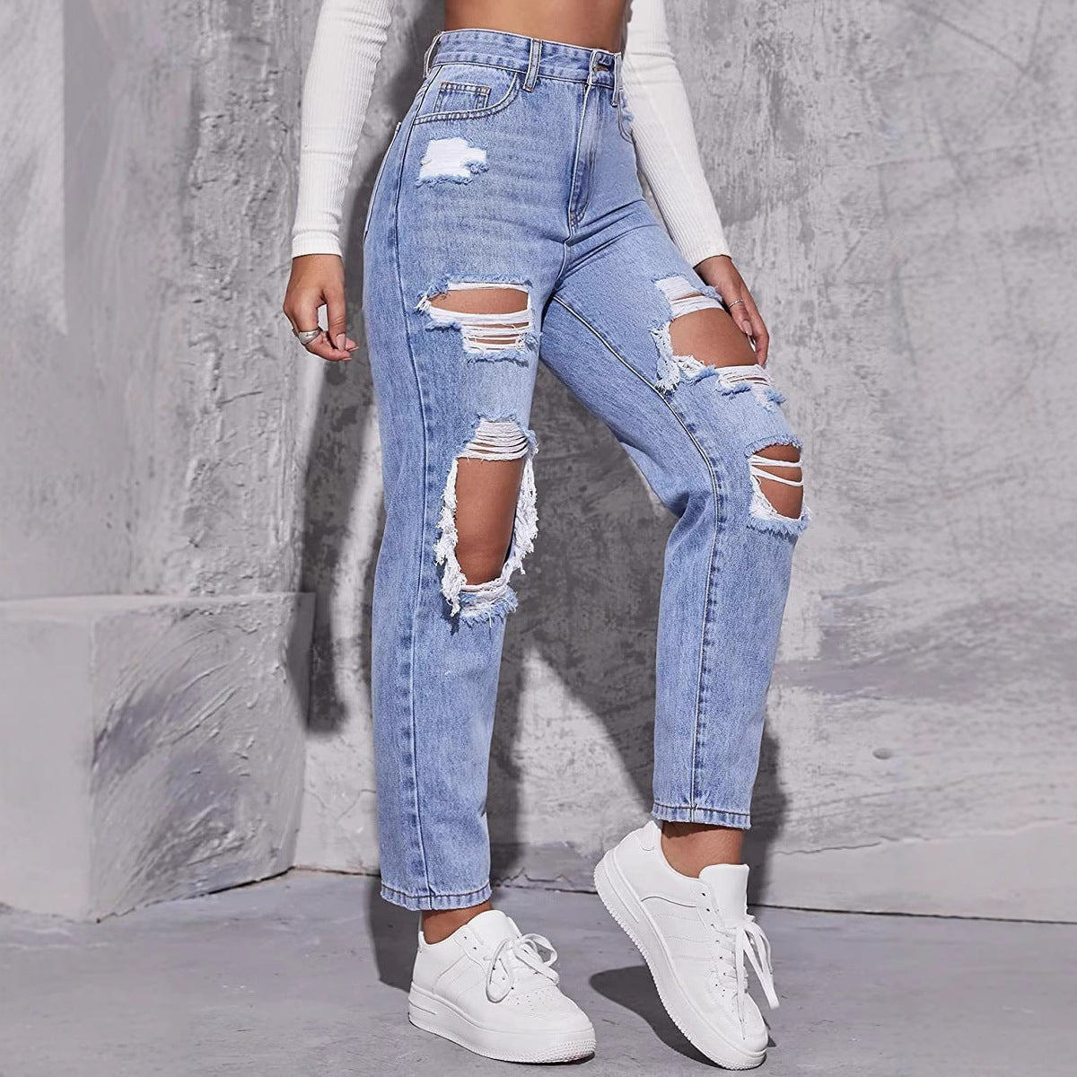 High Rise Straight Leg Jeans with Distressed Detailing