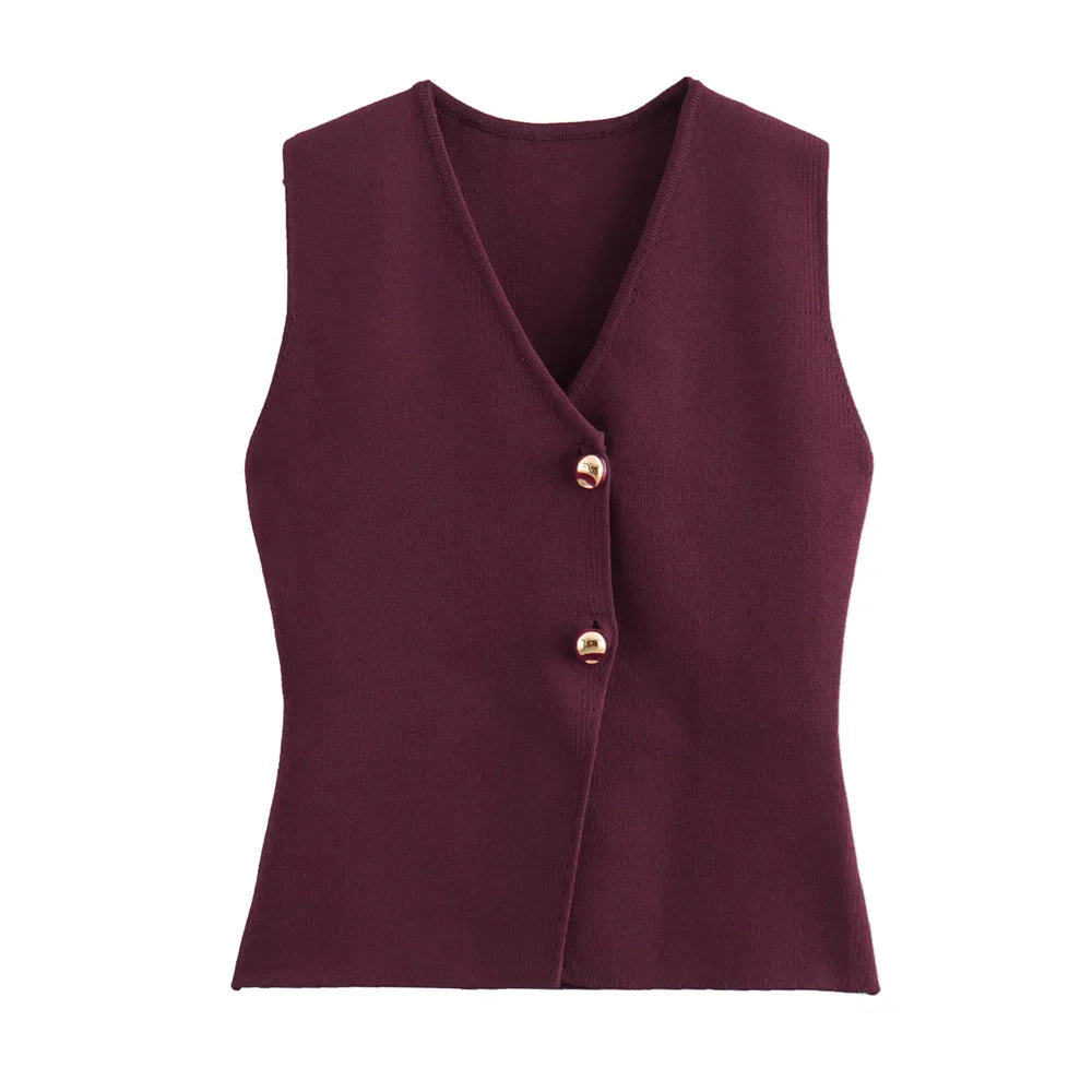 Ribbed Knit Wrap Waistcoat with Gold Tone Buttons