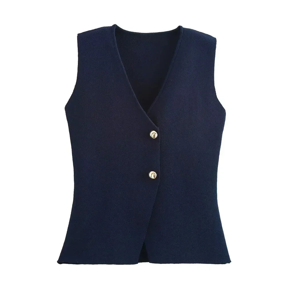 Ribbed Knit Wrap Waistcoat with Gold Tone Buttons