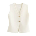 Ribbed Knit Wrap Waistcoat with Gold Tone Buttons