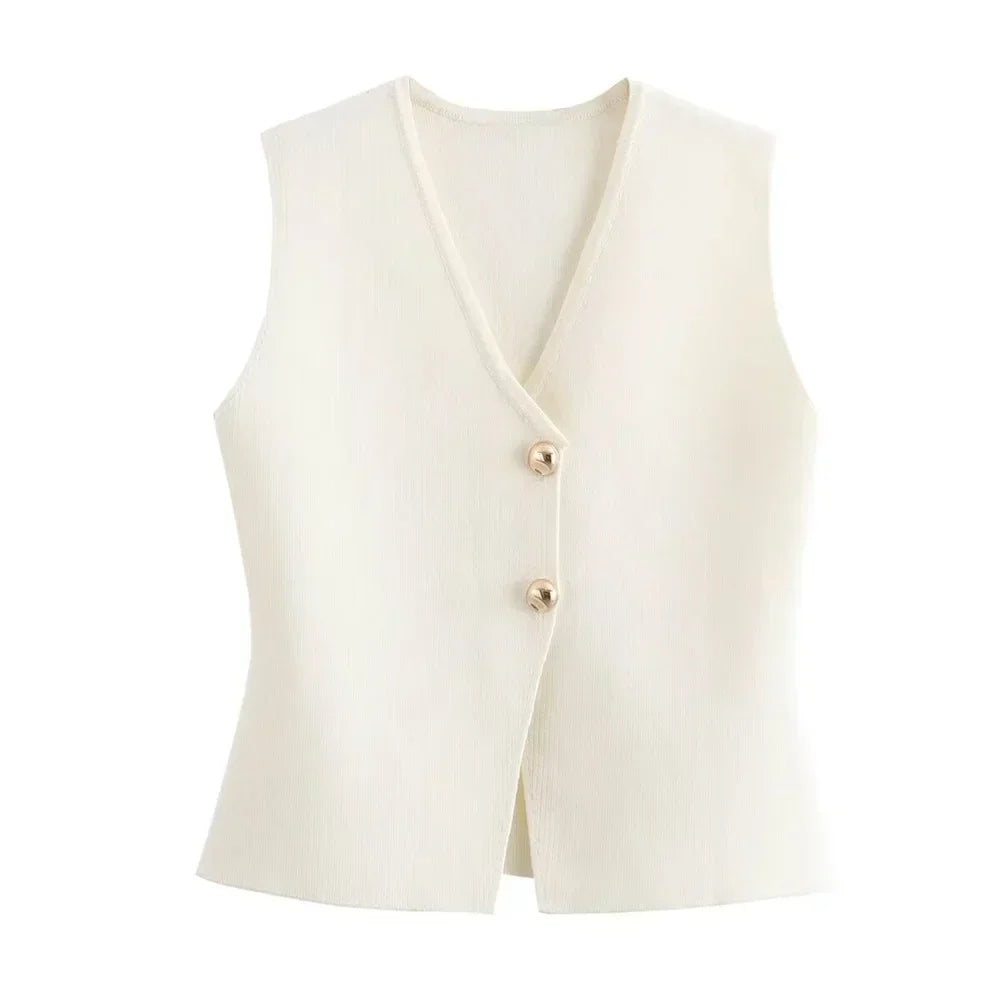 Ribbed Knit Wrap Waistcoat with Gold Tone Buttons
