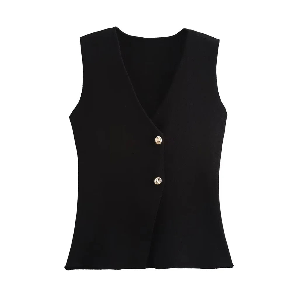 Ribbed Knit Wrap Waistcoat with Gold Tone Buttons