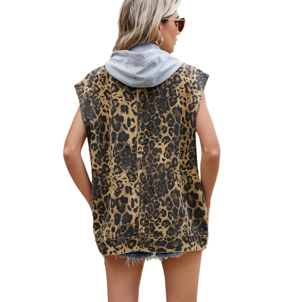 Sleeveless Leopard Denim Vest with Flap Utility Pockets