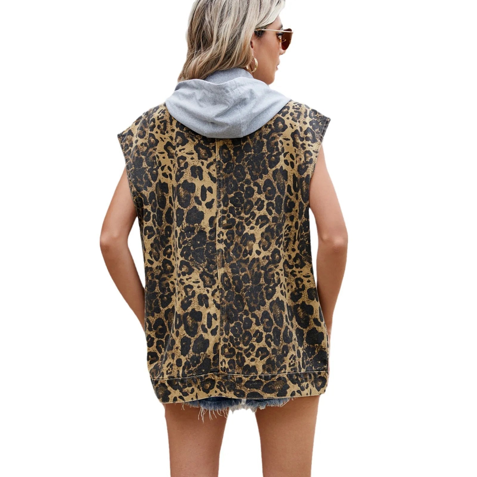 Sleeveless Leopard Denim Vest with Flap Utility Pockets