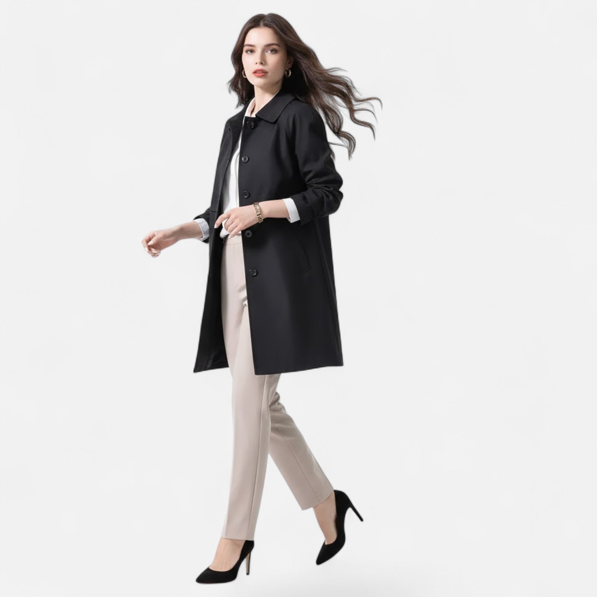 Wool Blend Mid Length Trench Coat with Button Front
