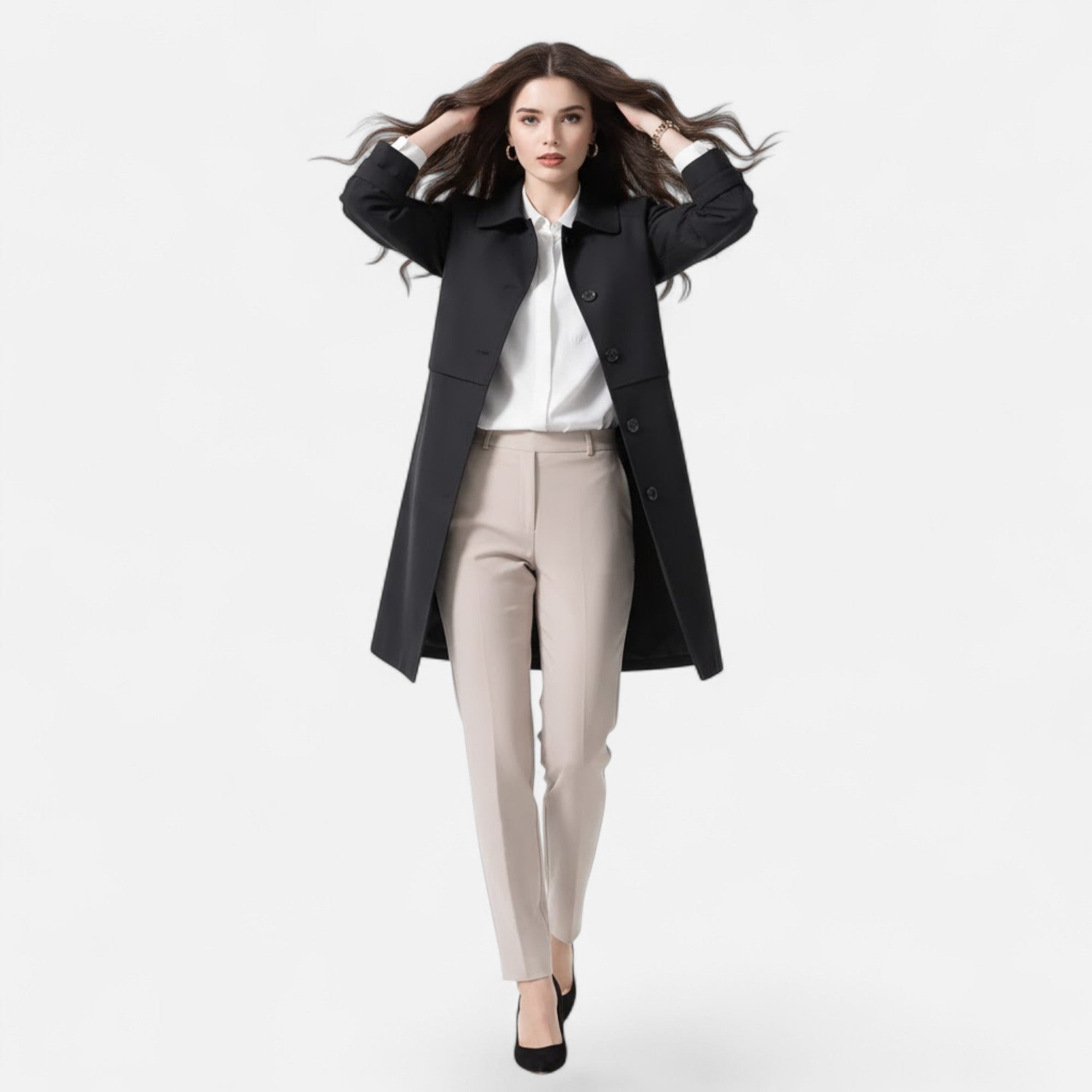 Wool Blend Mid Length Trench Coat with Button Front
