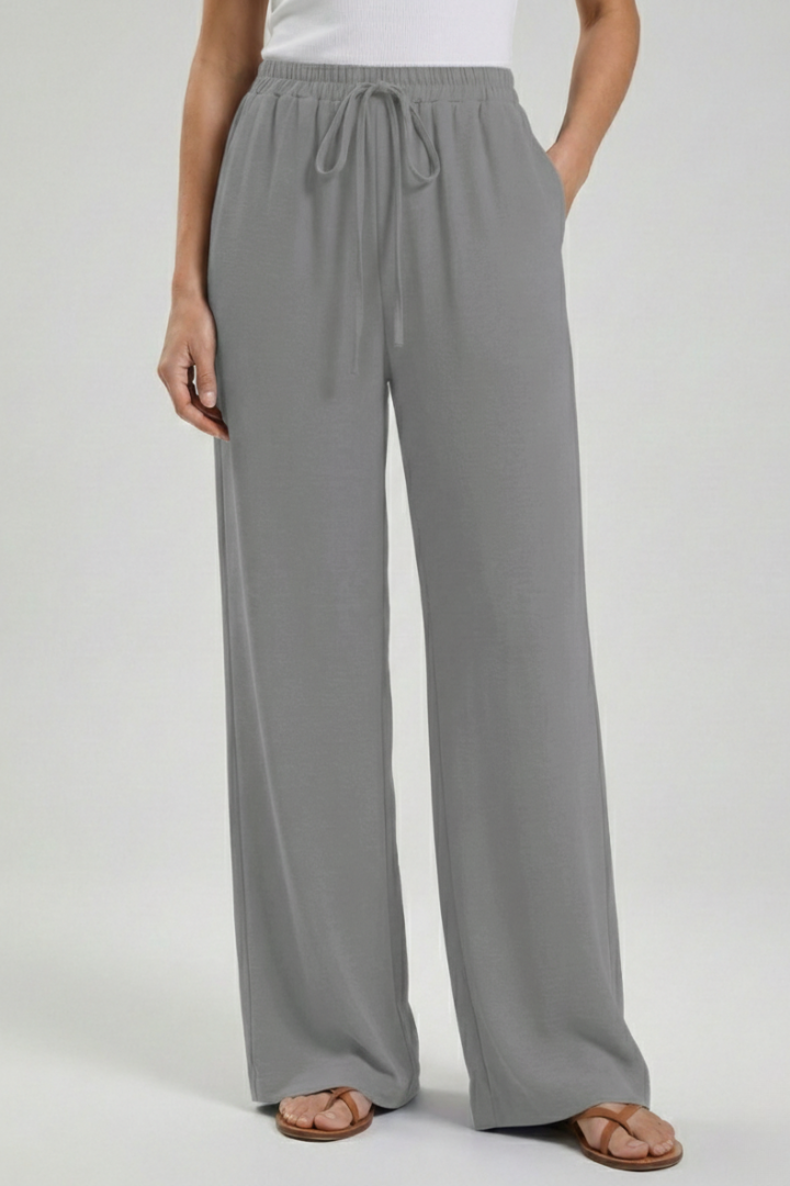Wide Leg Palazzo Trousers with Drawstring Waist and Pockets