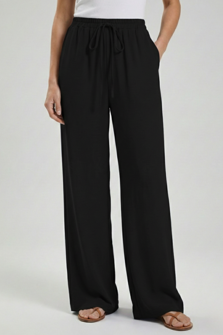 Wide Leg Palazzo Trousers with Drawstring Waist and Pockets