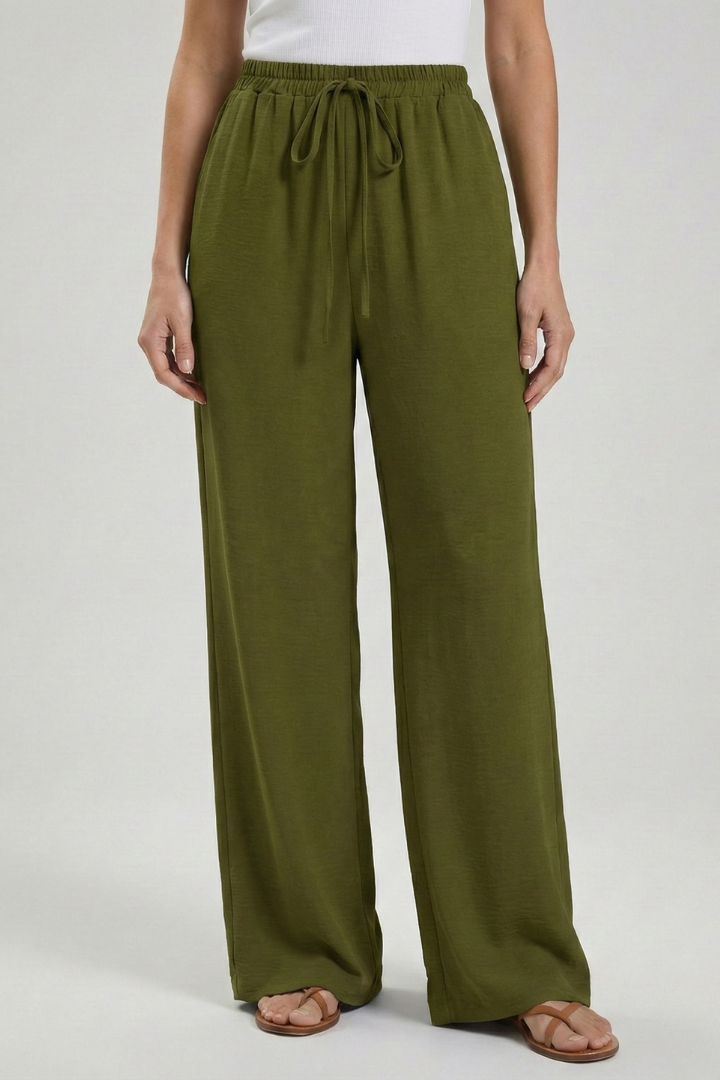 Wide Leg Palazzo Trousers with Drawstring Waist and Pockets