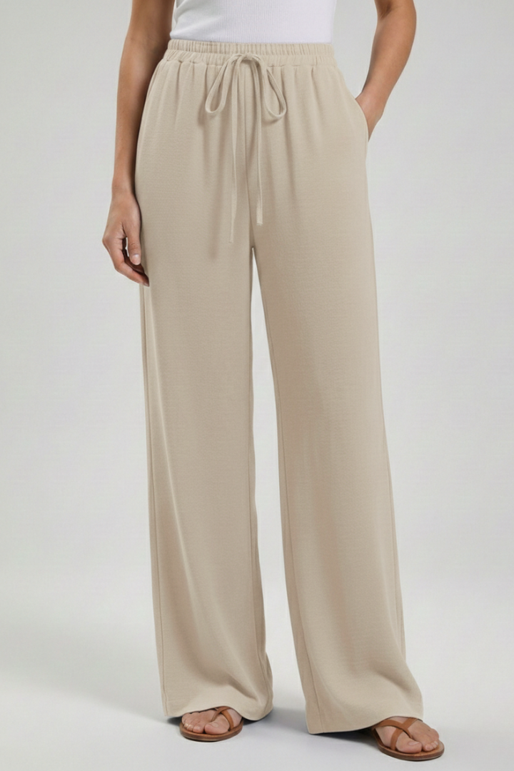 Wide Leg Palazzo Trousers with Drawstring Waist and Pockets