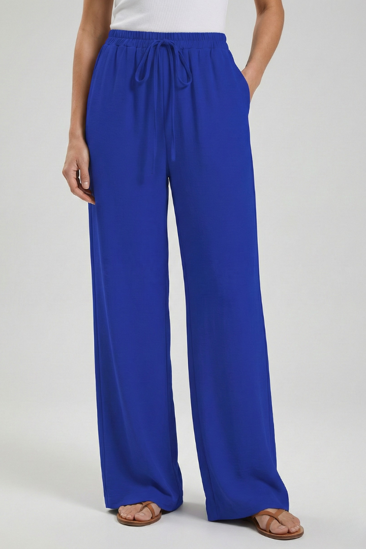 Wide Leg Palazzo Trousers with Drawstring Waist and Pockets
