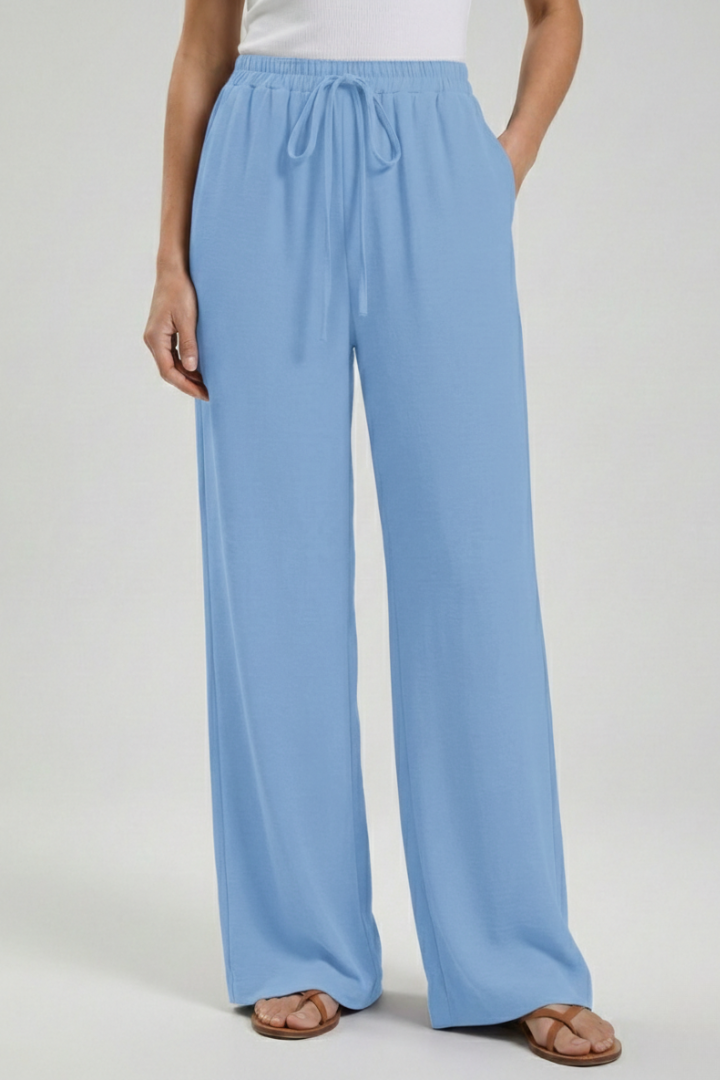 Wide Leg Palazzo Trousers with Drawstring Waist and Pockets