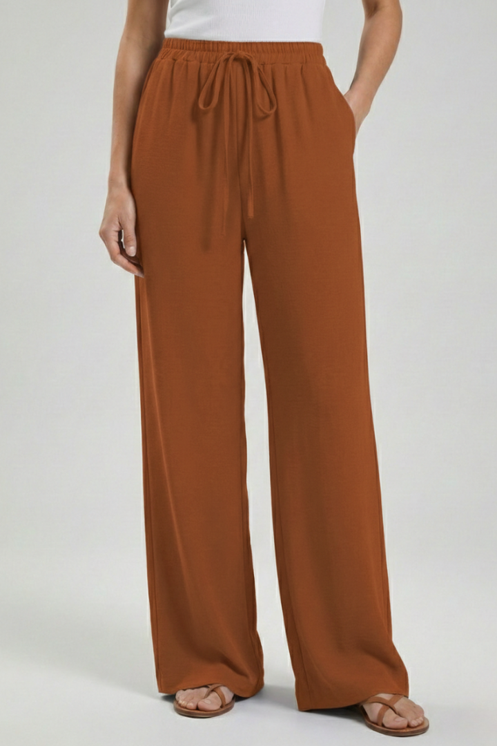 Wide Leg Palazzo Trousers with Drawstring Waist and Pockets